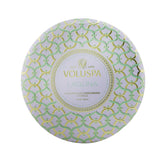 Voluspa decorative tin candle in Laguna with three wicks, coconut wax, and rich jewel-toned design for a luxurious glow.