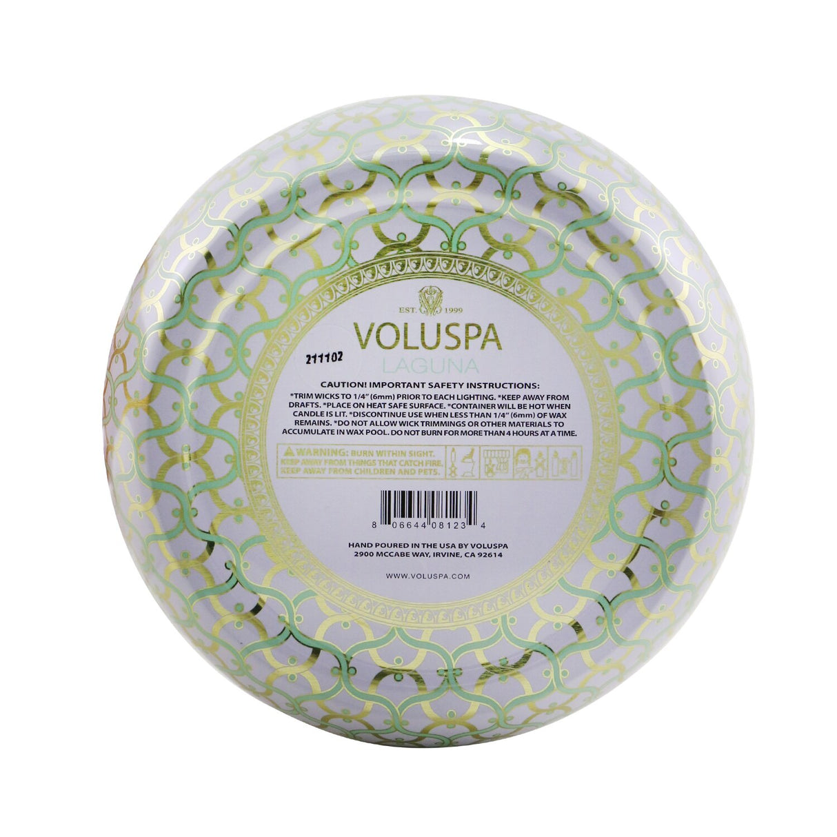 Voluspa Laguna 3 Wick Decorative Tin Candle in jewel-toned metallic tin, coconut wax, three wicks, 40-hour burn time.