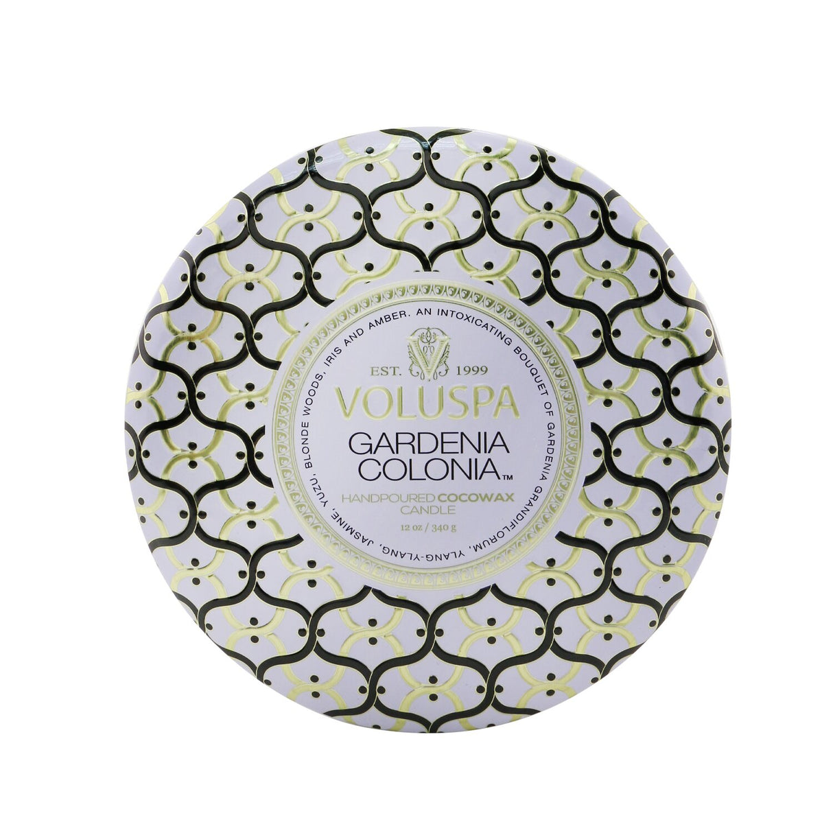 Voluspa 3 Wick Candle in decorative metallic tin, featuring Gardenia fragrance, clean coconut wax blend, and 40-hour burn time.
