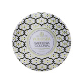 Voluspa 3 Wick Candle in decorative metallic tin, featuring Gardenia fragrance, clean coconut wax blend, and 40-hour burn time.
