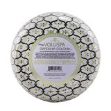 Voluspa 3 Wick Decorative Tin Candle in Gardenia Colonia, featuring a floral scent, coconut wax, and a luxurious jewel-toned design.