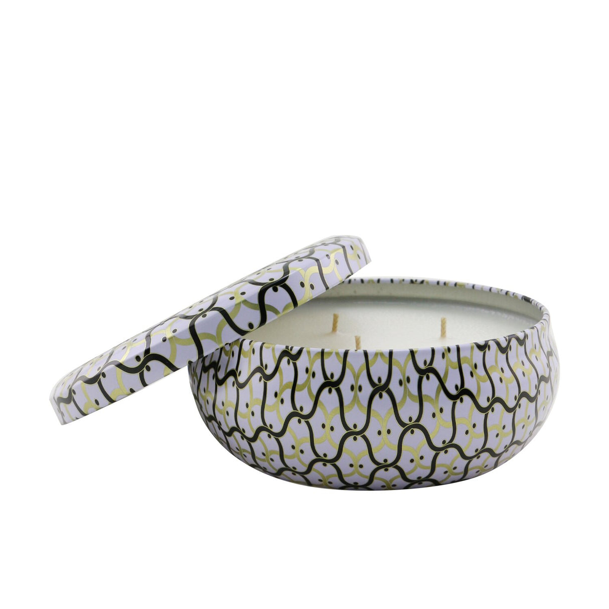 Voluspa 3 Wick Decorative Tin Candle in Gardenia Colonia, featuring a floral scent, three wicks, and decorative metallic tin.