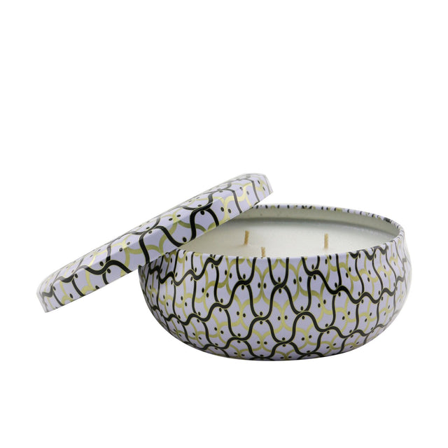 Voluspa 3 Wick Decorative Tin Candle in Gardenia Colonia, featuring a floral scent, three wicks, and decorative metallic tin.