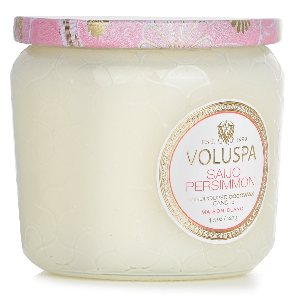 Petite jar candle in Saijo Persimmon scent, featuring coconut wax blend, natural wicks, and an elegant embossed glass design.