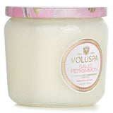Petite jar candle in Saijo Persimmon scent, featuring coconut wax blend, natural wicks, and an elegant embossed glass design.
