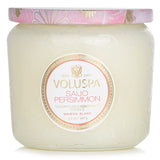 Voluspa Petite Jar Candle in Saijo Persimmon, featuring a coconut wax blend, natural wicks, and a decorative embossed glass jar.