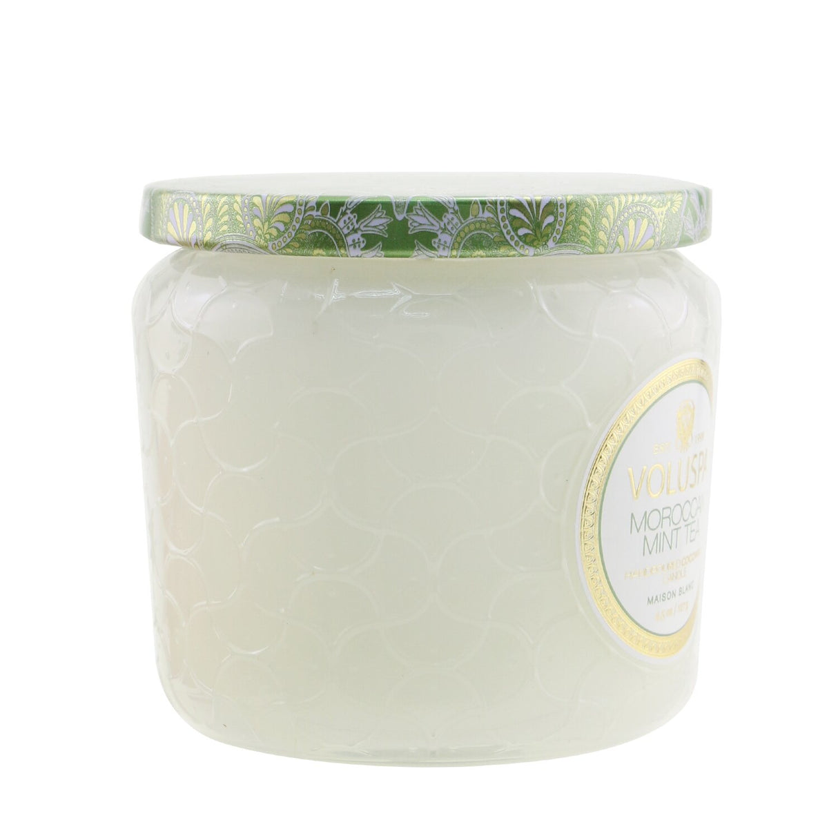 Voluspa Petite Jar Candle in Moroccan Mint Tea, featuring a chic glass jar, coconut wax blend, and natural wicks for 35 hours of enchanting scent.