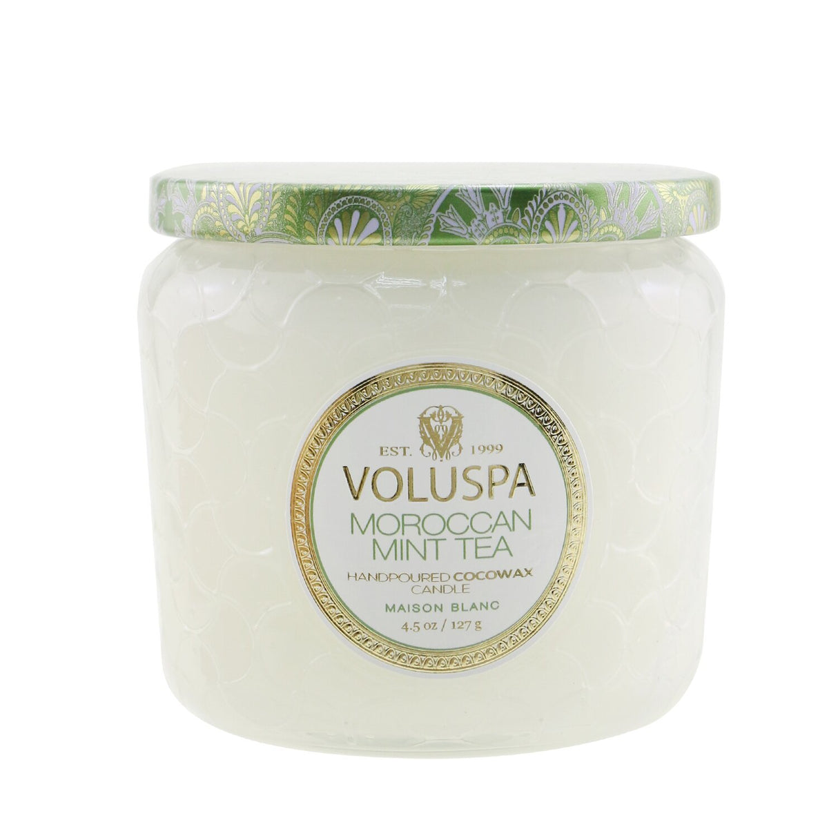 Elegant Voluspa Petite Jar Candle in Moroccan Mint Tea, featuring a coconut wax blend and chic embossed glass jar.