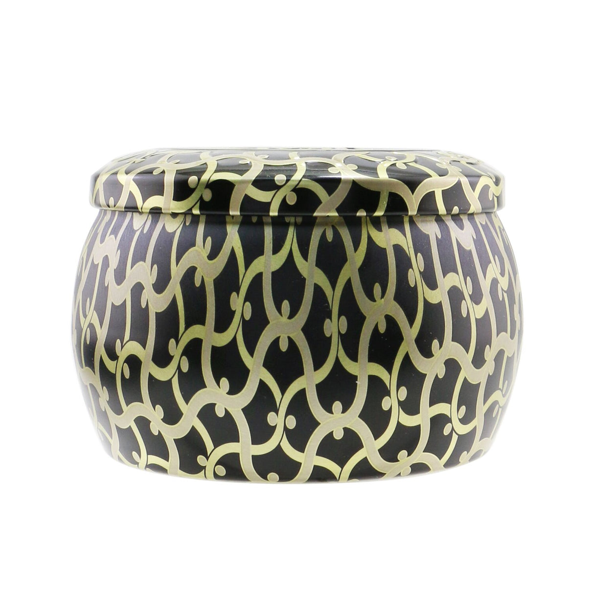 Voluspa Mini Tin Candle in Suede Noir, featuring a coconut wax blend, natural wicks, and a beautiful keepsake tin.