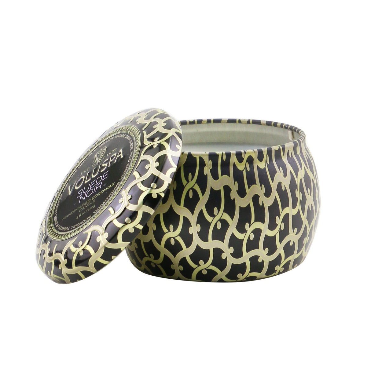 Voluspa Mini Tin Candle in Suede Noir, featuring a coconut wax blend, 25-hour burn, and elegant metal tin design.