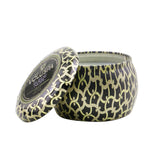 Voluspa Mini Tin Candle in Suede Noir, featuring a coconut wax blend, 25-hour burn, and elegant metal tin design.