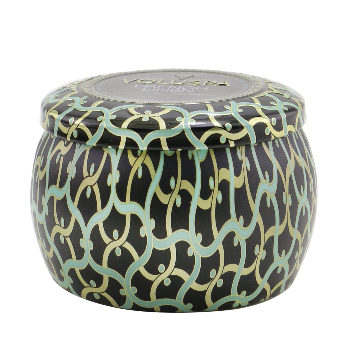 Voluspa Mini Tin Candle in French Linen, 113g, eco-friendly with coconut wax, emits enchanting linen fragrance in a beautiful tin.
