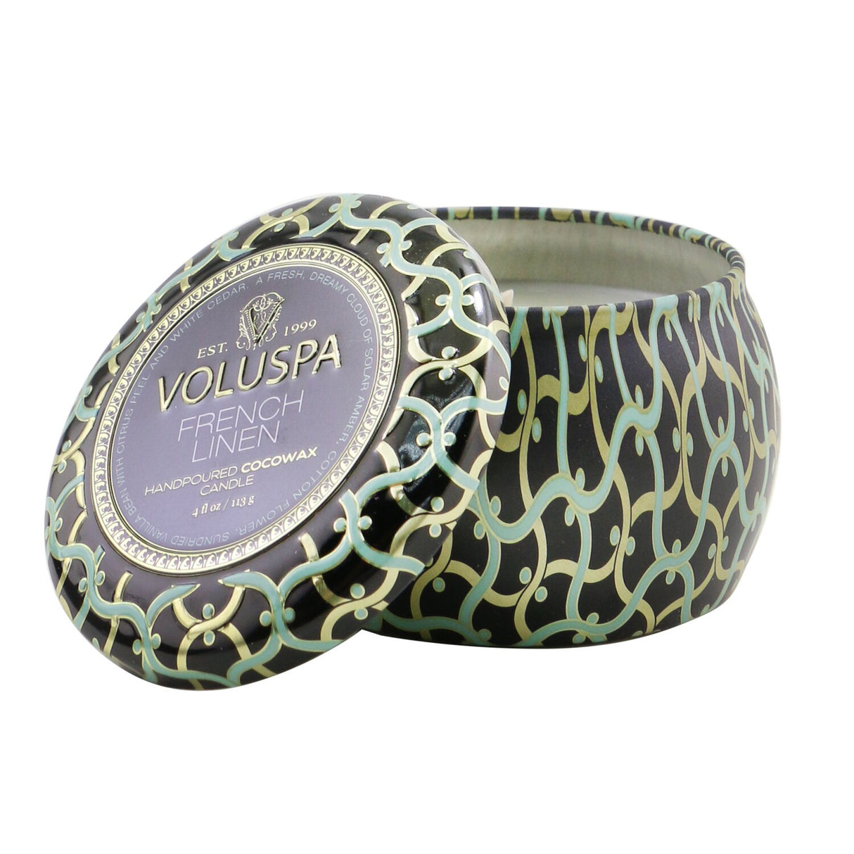 Voluspa Mini Tin Candle in French Linen, 113g, features a coconut wax blend and natural wicks, housed in a decorative, reusable tin.