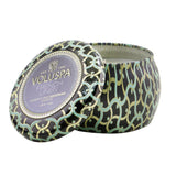 Voluspa Mini Tin Candle in French Linen, 113g, features a coconut wax blend and natural wicks, housed in a decorative, reusable tin.