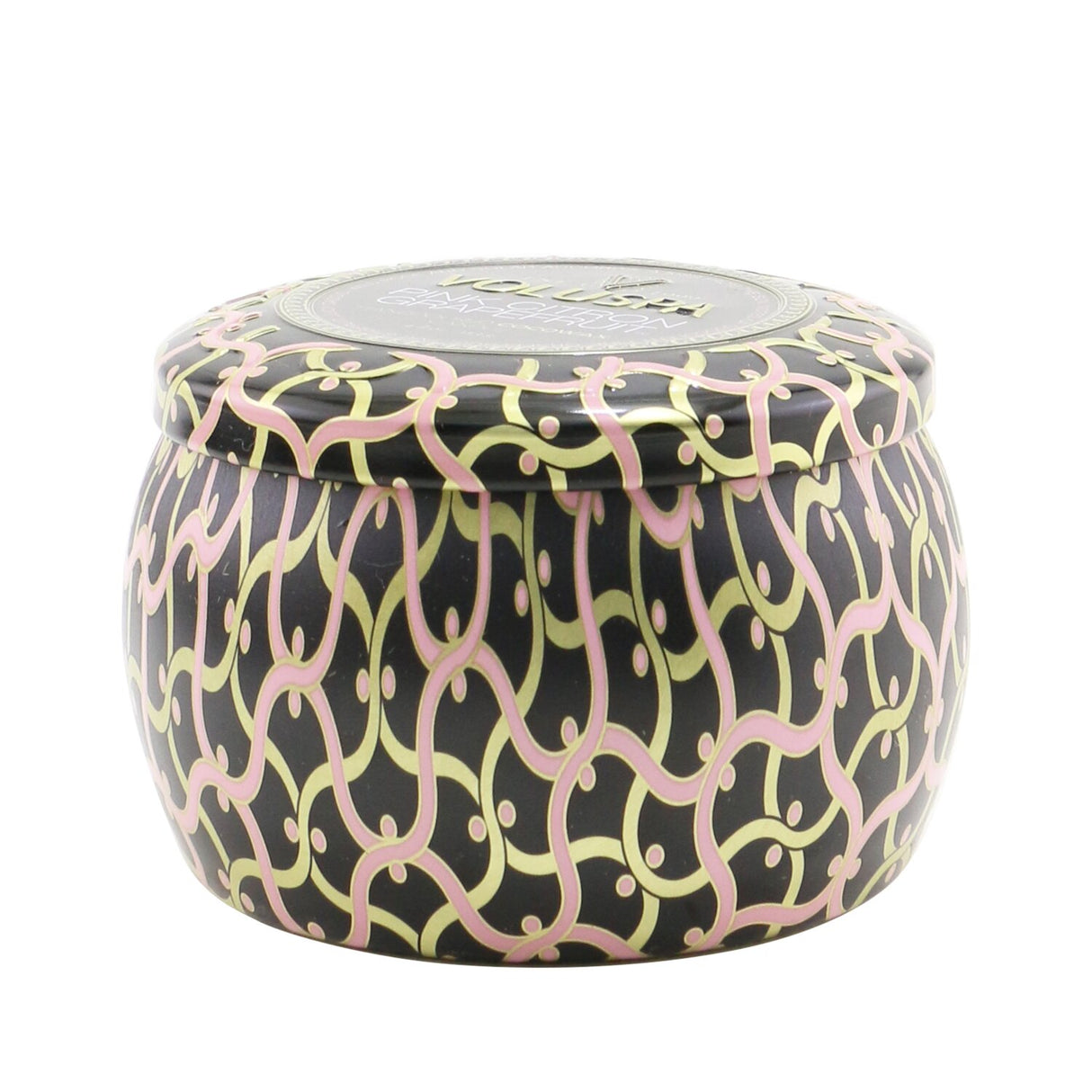 Mini tin candle in pink citron grapefruit scent, elegantly designed with a coconut wax blend and natural wicks for a clean burn.