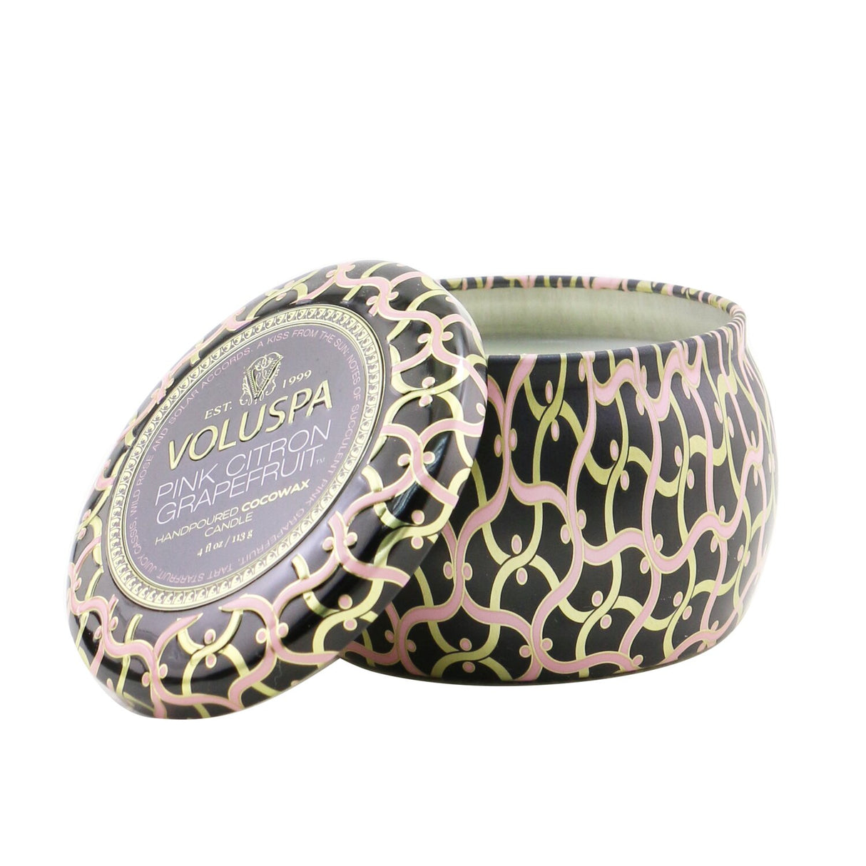 Voluspa Mini Tin Candle in Pink Citron Grapefruit, 4oz, features a coconut wax blend in a decorative metal tin with a refreshing scent.