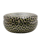 Voluspa 3 Wick Decorative Tin Candle in Ambre Lumiere, features luxurious scent, coconut wax, and jewel-toned metallic design.