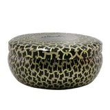 Voluspa 3 Wick Candle in a decorative metallic tin with rich jewel tones, crafted from coconut wax for a 40-hour burn.