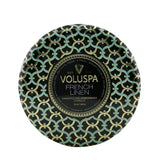 Luxurious Voluspa 3 wick candle in decorative metallic tin, French Linen scent; eco-friendly, 40-hour burn time.