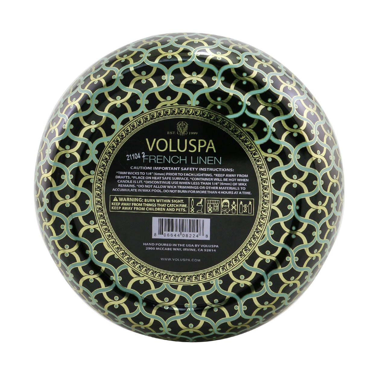 Luxurious 3 wick Voluspa candle in metallic tin, fragrant fresh linen, eco-friendly, 40-hour burn time, crafted with care.