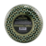 Luxurious 3 wick Voluspa candle in metallic tin, fragrant fresh linen, eco-friendly, 40-hour burn time, crafted with care.