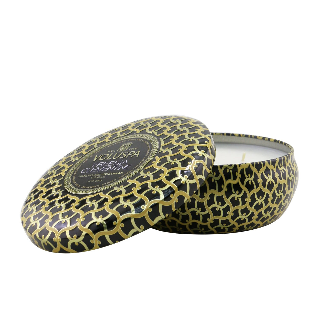 Voluspa Freesia Clementine three-wick decorative tin candle, 340g, featuring a vibrant metallic design and inviting floral scent.
