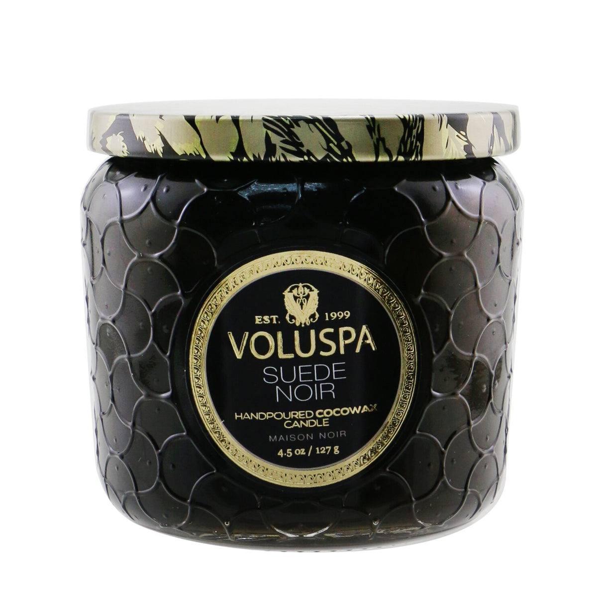 Voluspa Petite Jar Candle in Suede Noir, 127g, features a coconut wax blend and elegant glass container for a chic home ambiance.