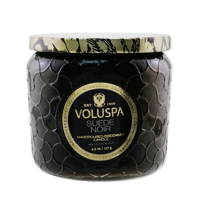 Voluspa Petite Jar Candle in Suede Noir, 127g, features a coconut wax blend and elegant glass container for a chic home ambiance.