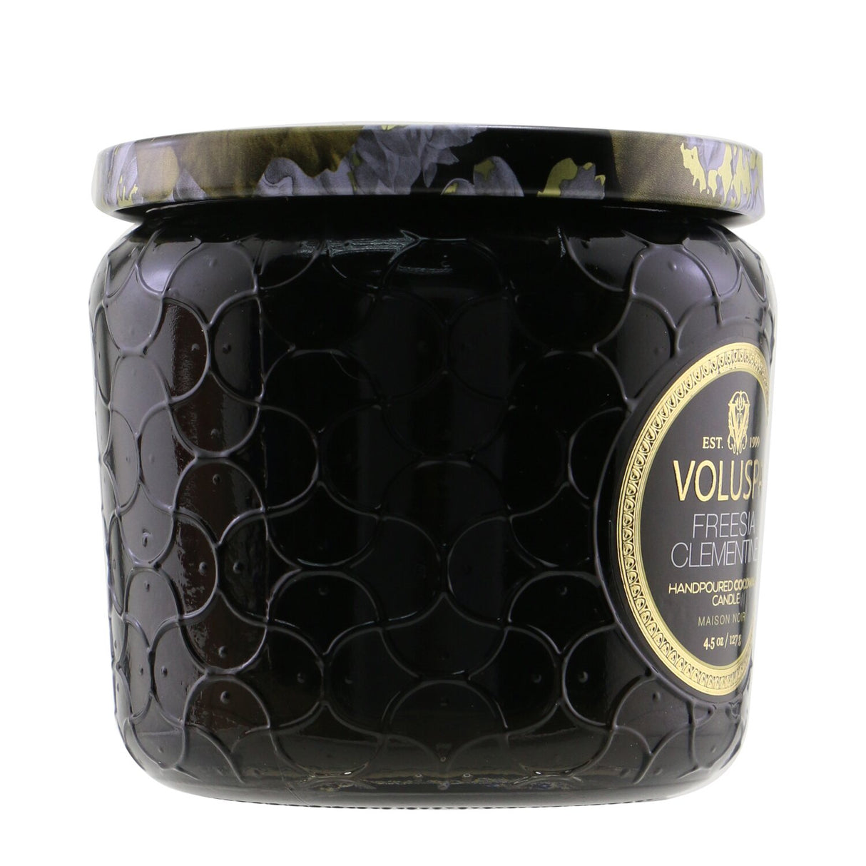 Voluspa Petite Jar Candle in Freesia Clementine, eco-friendly wax, enchanting scent, beautiful glass container with elegant design.