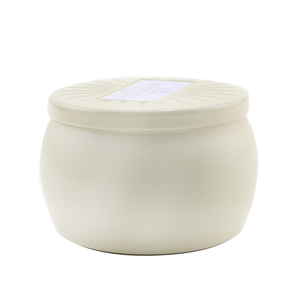 Voluspa Mini Tin Candle in Coconut Papaya, 127g: eco-friendly, hand-poured candle with a tropical scent, stylish metal tin, 25-hour burn.