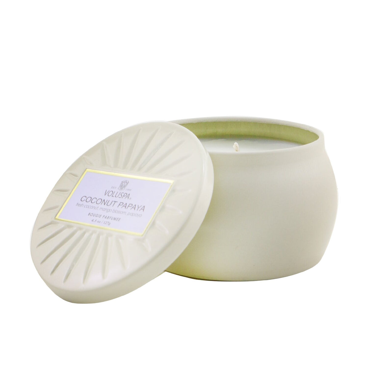 Mini tin candle in Coconut Papaya scent, featuring coconut wax, natural wicks, and a stylish reusable metal tin.