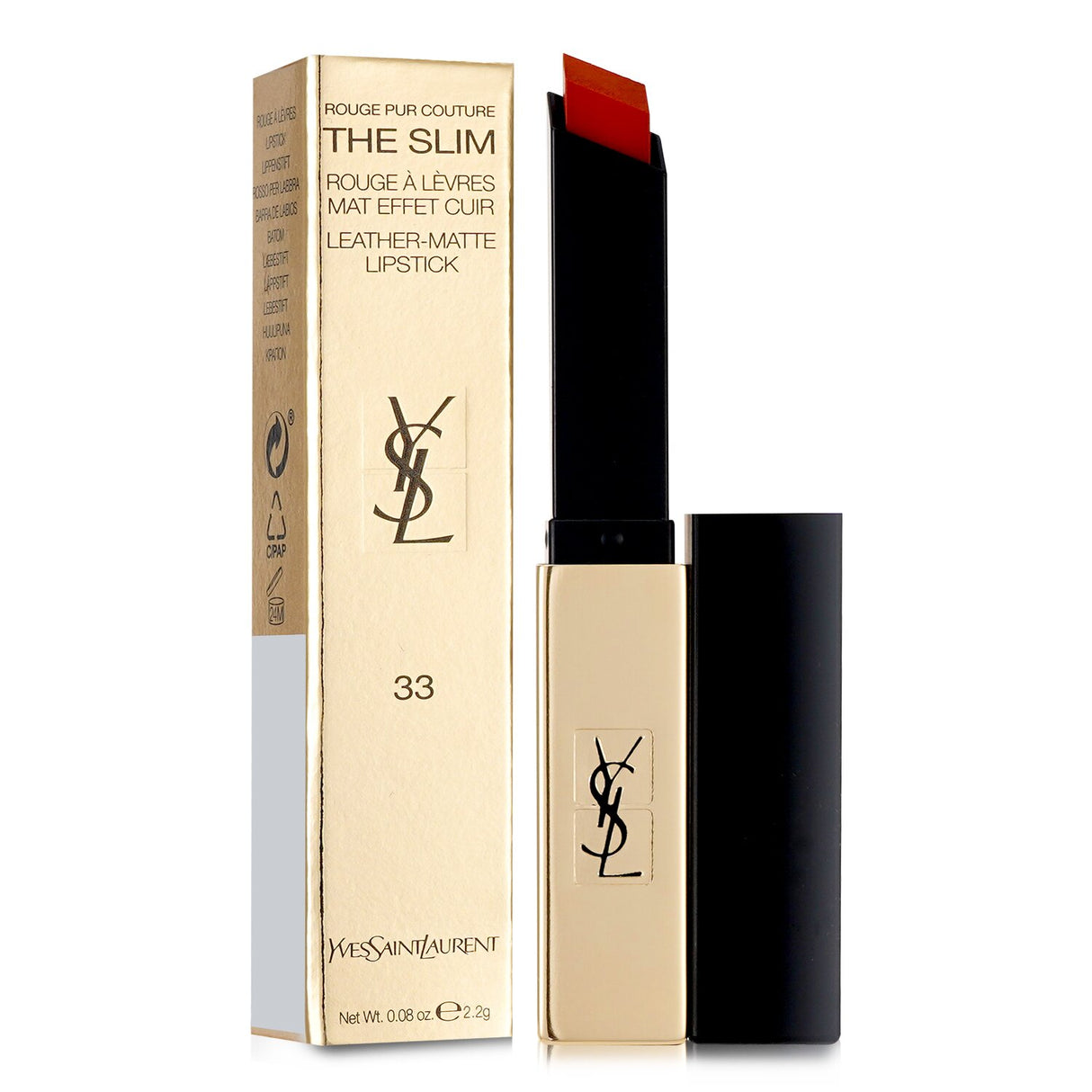 Luxury Yves Saint Laurent matte lipstick in #33 Orange Desire, with precision applicator for bold, long-wearing color.