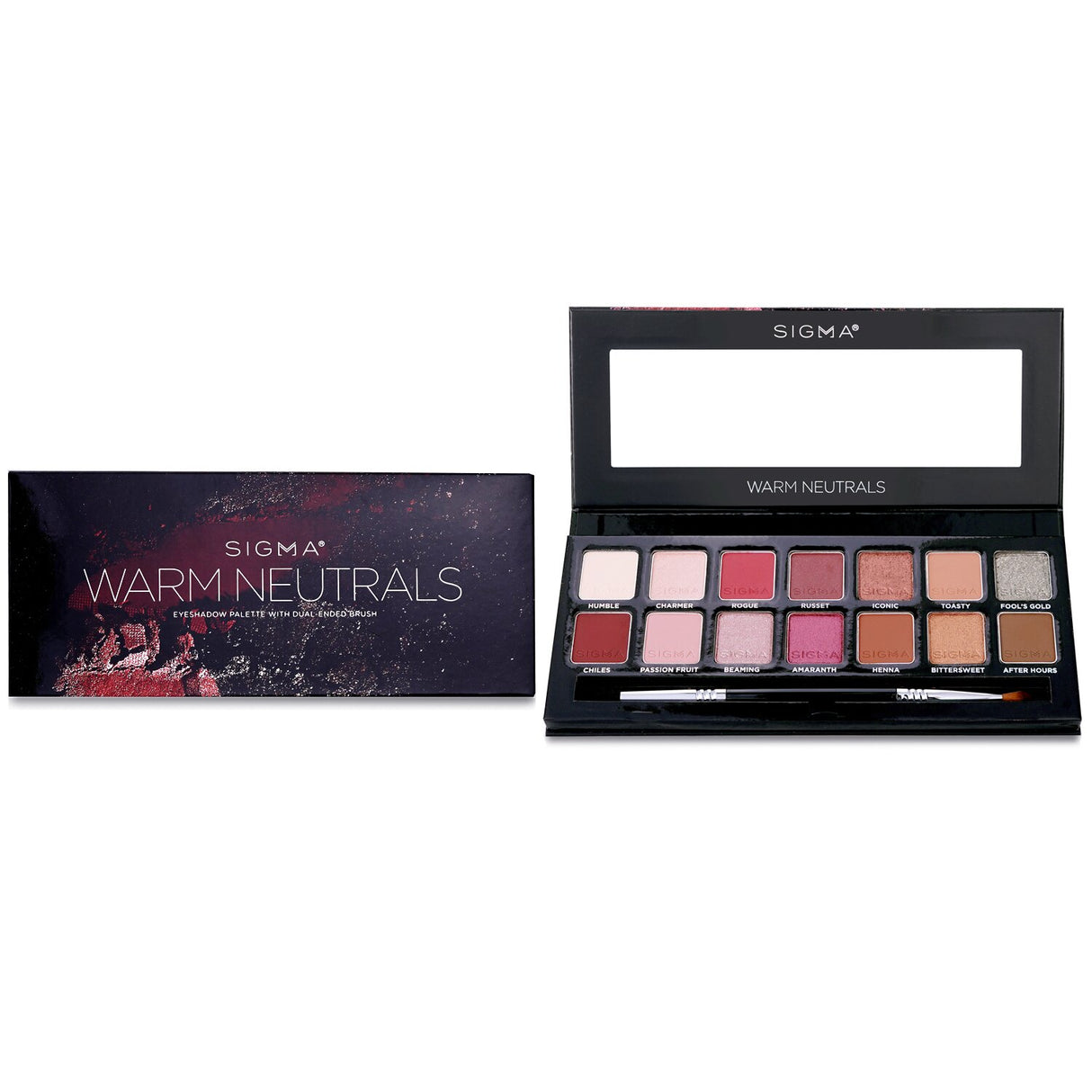 Sigma Beauty Warm Neutrals Palette featuring 14 versatile eyeshadows and a dual-ended brush for effortless eye looks.