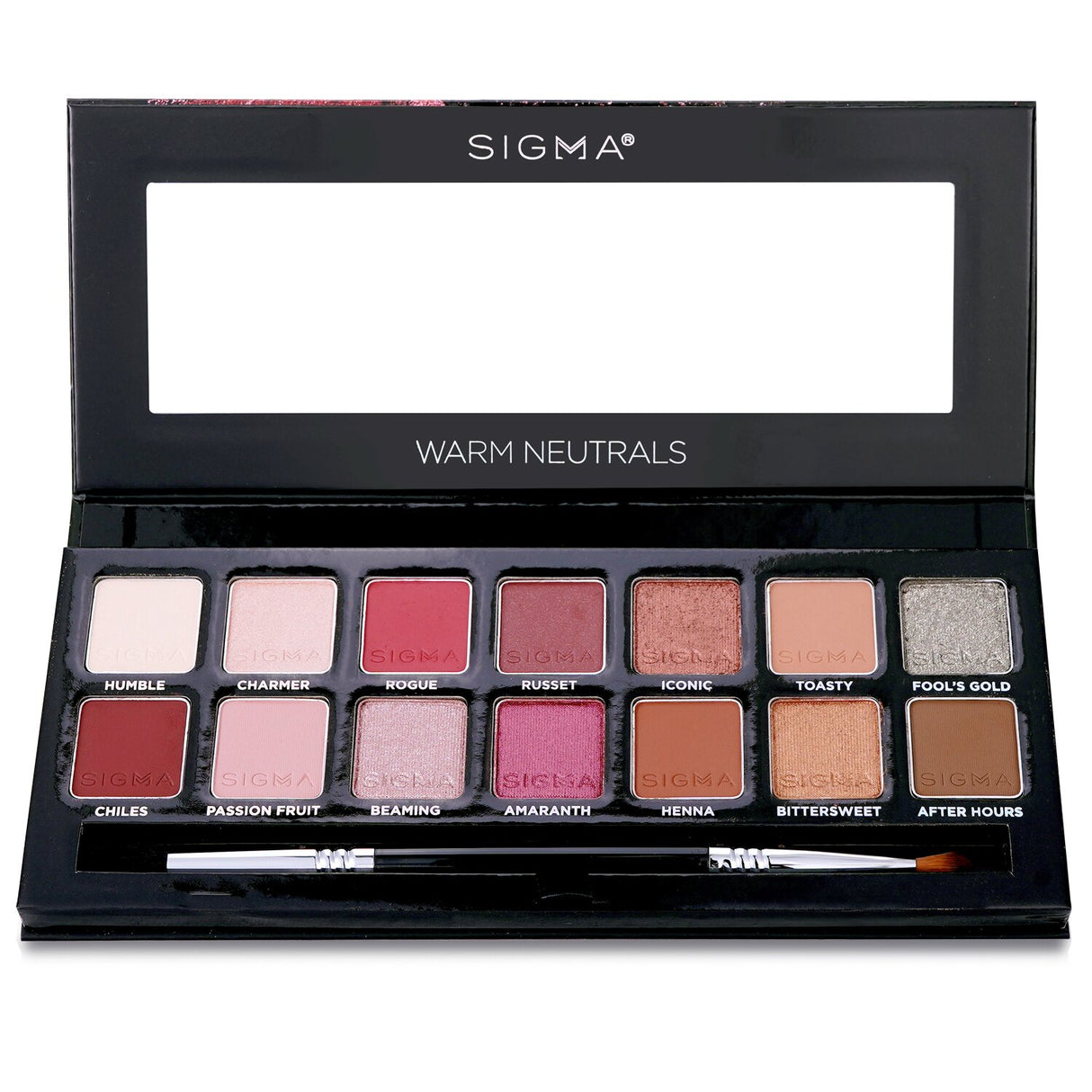 Sigma Beauty Warm Neutrals Palette with 14 versatile eyeshadows and dual-ended brush for effortless eye makeup application.