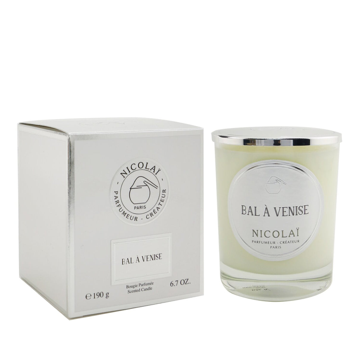 "Nicolai Bal A Venise scented candle in a stylish glass jar, offering a soothing fragrance and 50 hours of burn time."