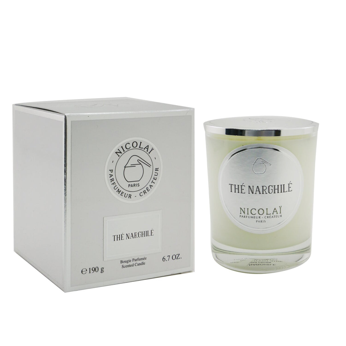 Nicolai Scented Candle - The Narghile in a glass container, offering 50 hours of rich, comforting fragrance.