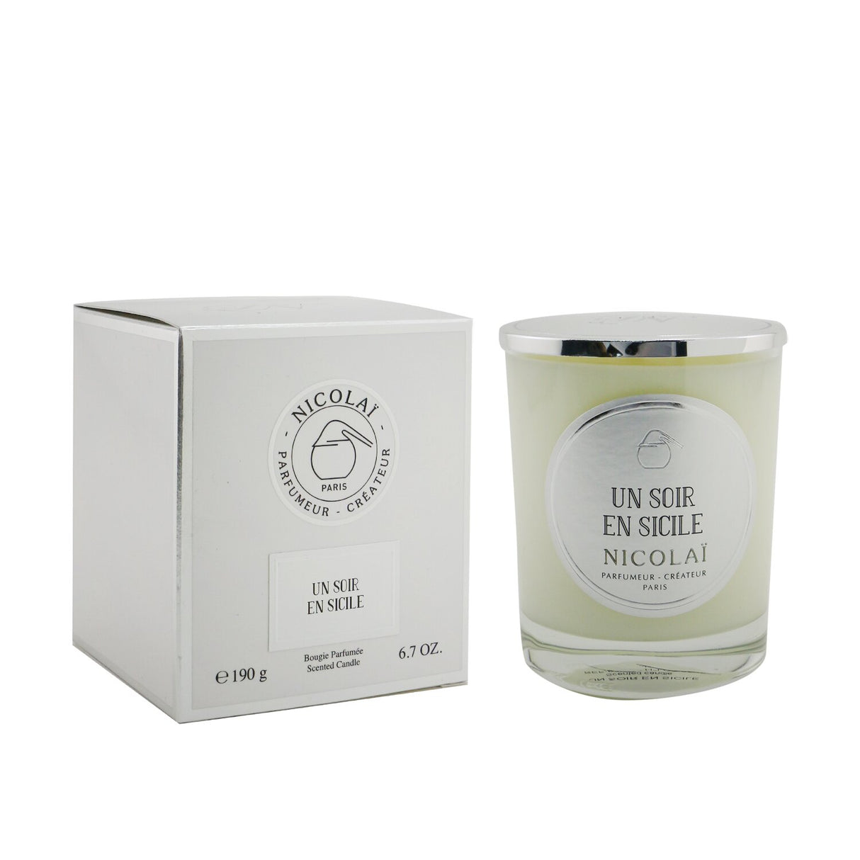 Nicolai scented candle in elegant glass container, 190g, evokes Sicilian evenings with a soft, comforting aroma; burns for 50 hours.
