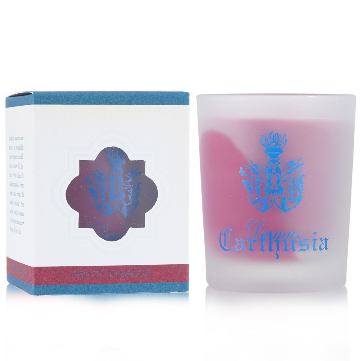 Elegant Carthusia Frutto di Bacco scented candle in sandblasted glass, delivering rich fruity fragrance for 20 hours of ambiance.