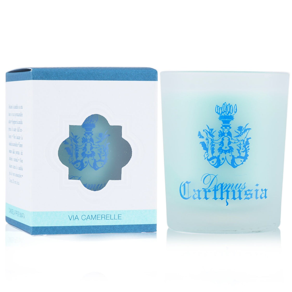 Elegant Carthusia Scented Candle in sandblasted glass, offers a luxurious Mediterranean fragrance, burns for 20 hours.