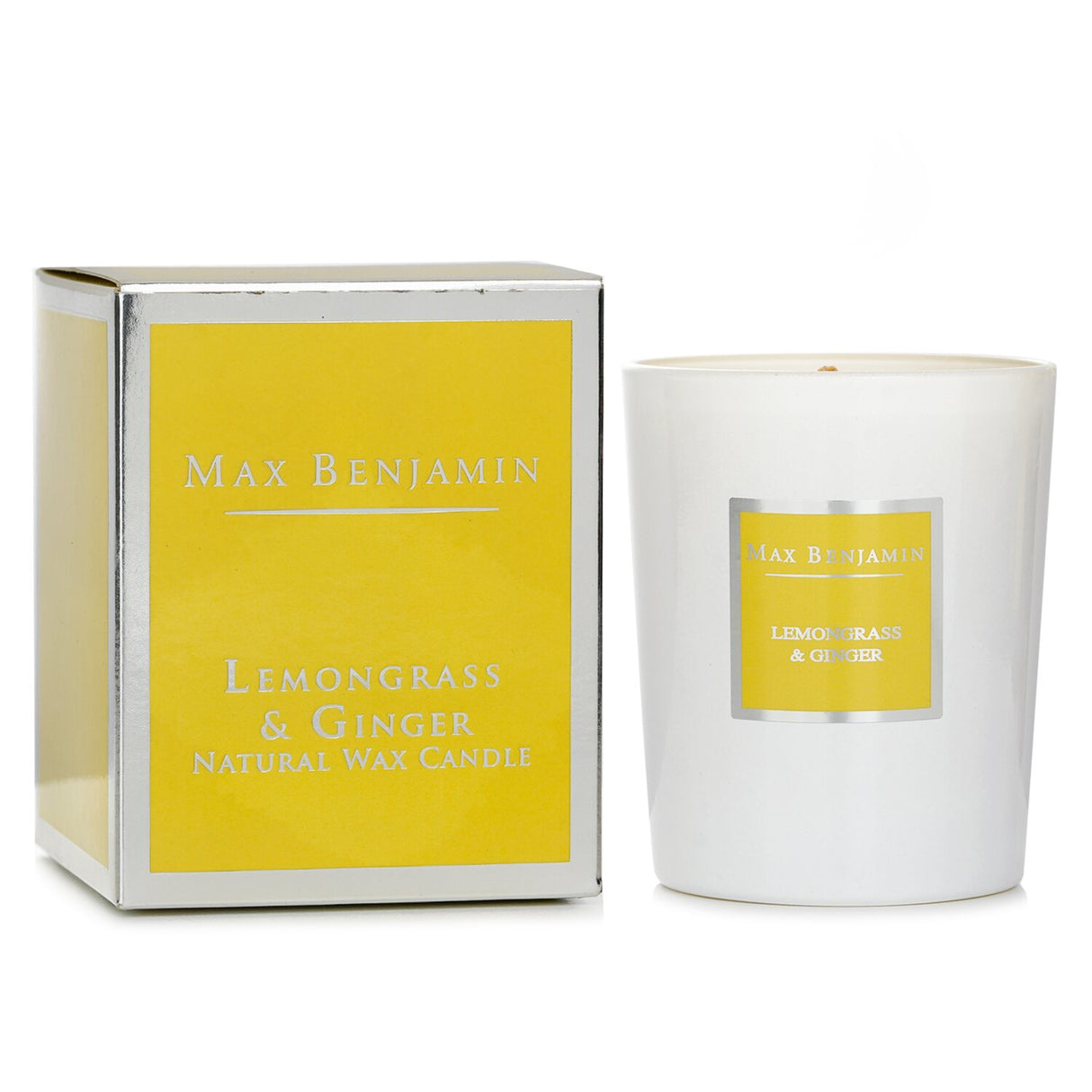 Lemongrass & Ginger candle in elegant glass jar, made from natural soy wax, burns for 40 hours, perfect for relaxation.