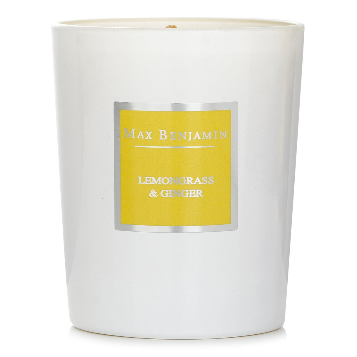 Max Benjamin Lemongrass & Ginger Candle in elegant glass jar, natural soy wax, burns 40 hours, uplifting fruity scent.