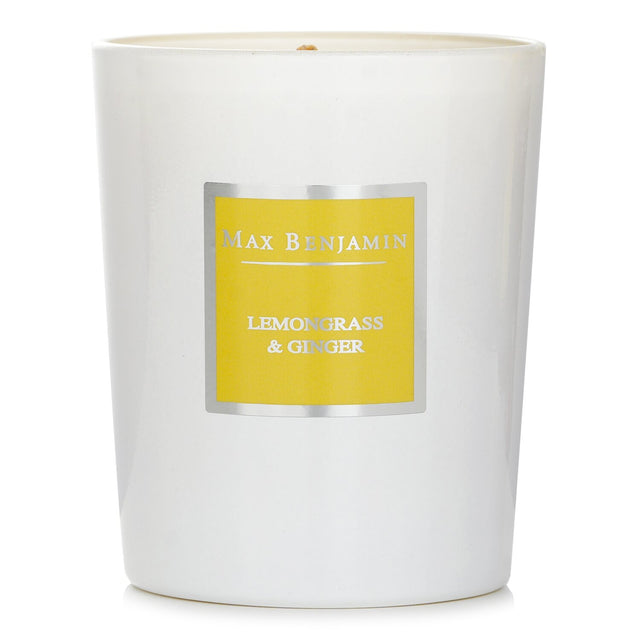 Max Benjamin Lemongrass & Ginger Candle in elegant glass jar, natural soy wax, burns 40 hours, uplifting fruity scent.