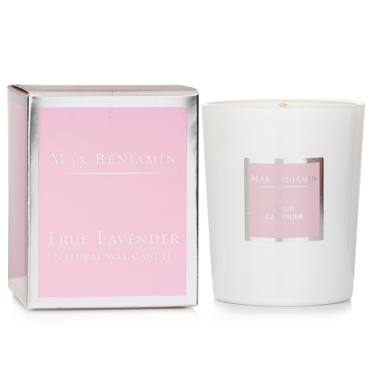 Max Benjamin True Lavender Candle in elegant glass, handcrafted with soy wax, offering 40 hours of soothing lavender aroma.
