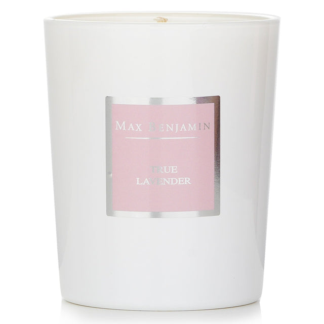 Max Benjamin True Lavender Candle in glass case, 190g, features natural soy wax and a soothing lavender scent for relaxation.
