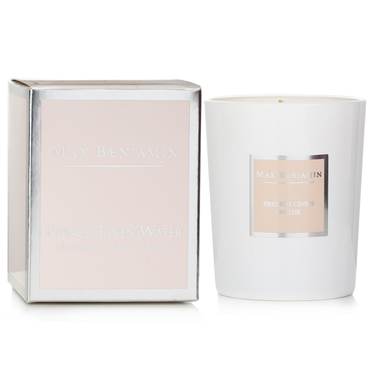 Max Benjamin French Linen Water Candle in a sleek glass container, offering 40 hours of delicate, refreshing fragrance.