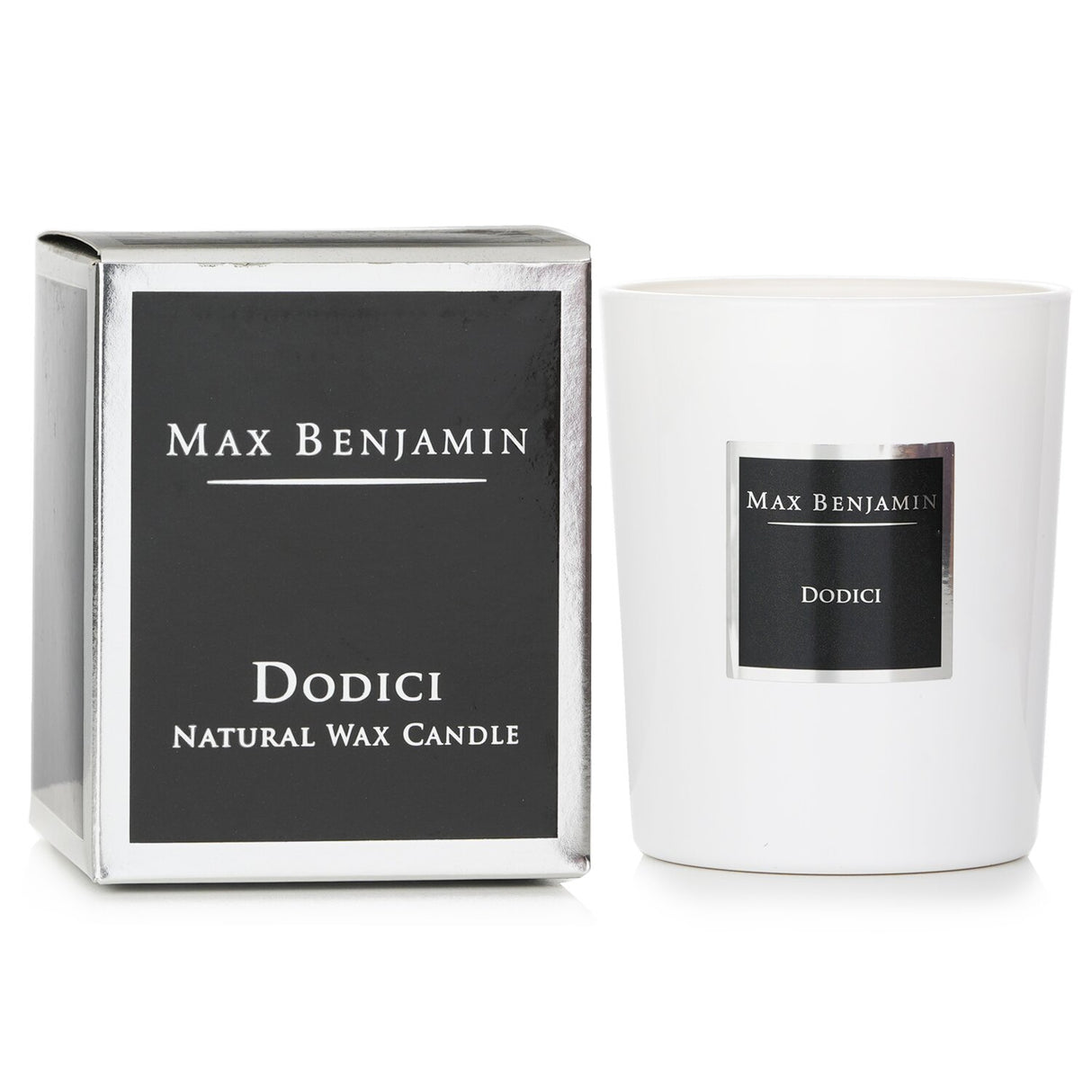 Max Benjamin Dodici Candle in glass, 190g, with fruity scent, natural soy wax, and cotton wick, burns up to 40 hours.