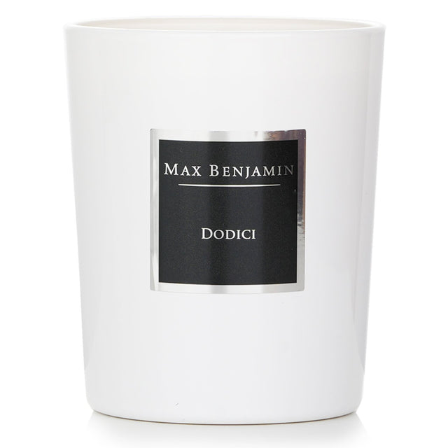 Max Benjamin Dodici Candle in glass, 190g soy wax, fruity scent, eco-friendly, elegant design, burns up to 40 hours.
