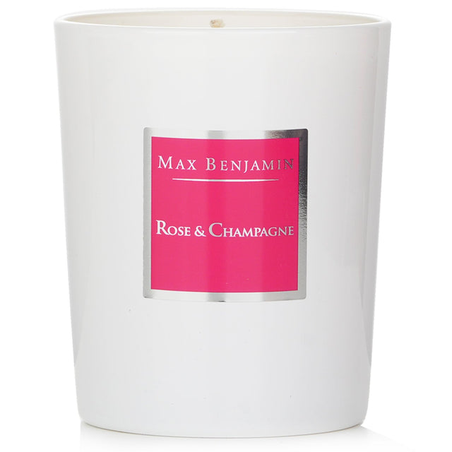 Max Benjamin Rose & Champagne Candle in a glass holder, made from natural soy wax for a luxurious fruity aroma.