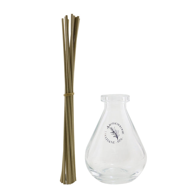 Droplet-shaped glass diffuser from L'Occitane enhances home fragrance with elegant design and soothing aroma.