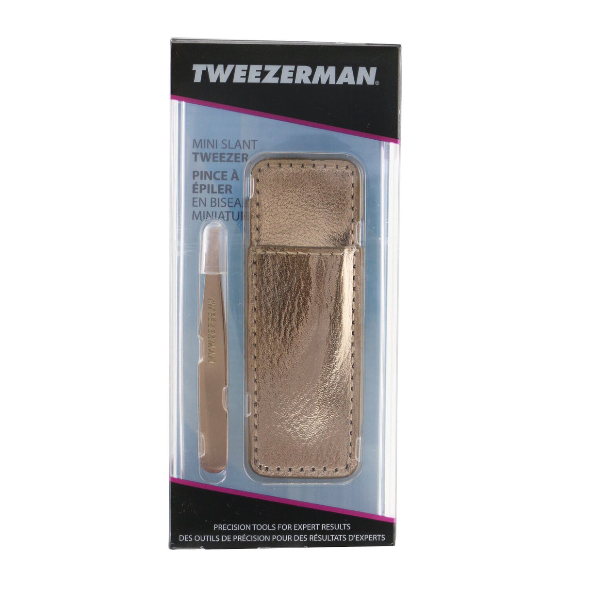 Tweezerman Mini Slant Tweezer in rose gold, compact design with case for precise grooming on-the-go. Ideal for eyebrows and hair removal.